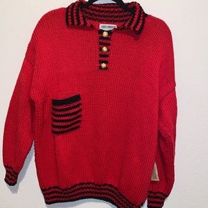 Lori Lambricht Vtg hand-knit Collectables French Cotton Red & Black Sweater M